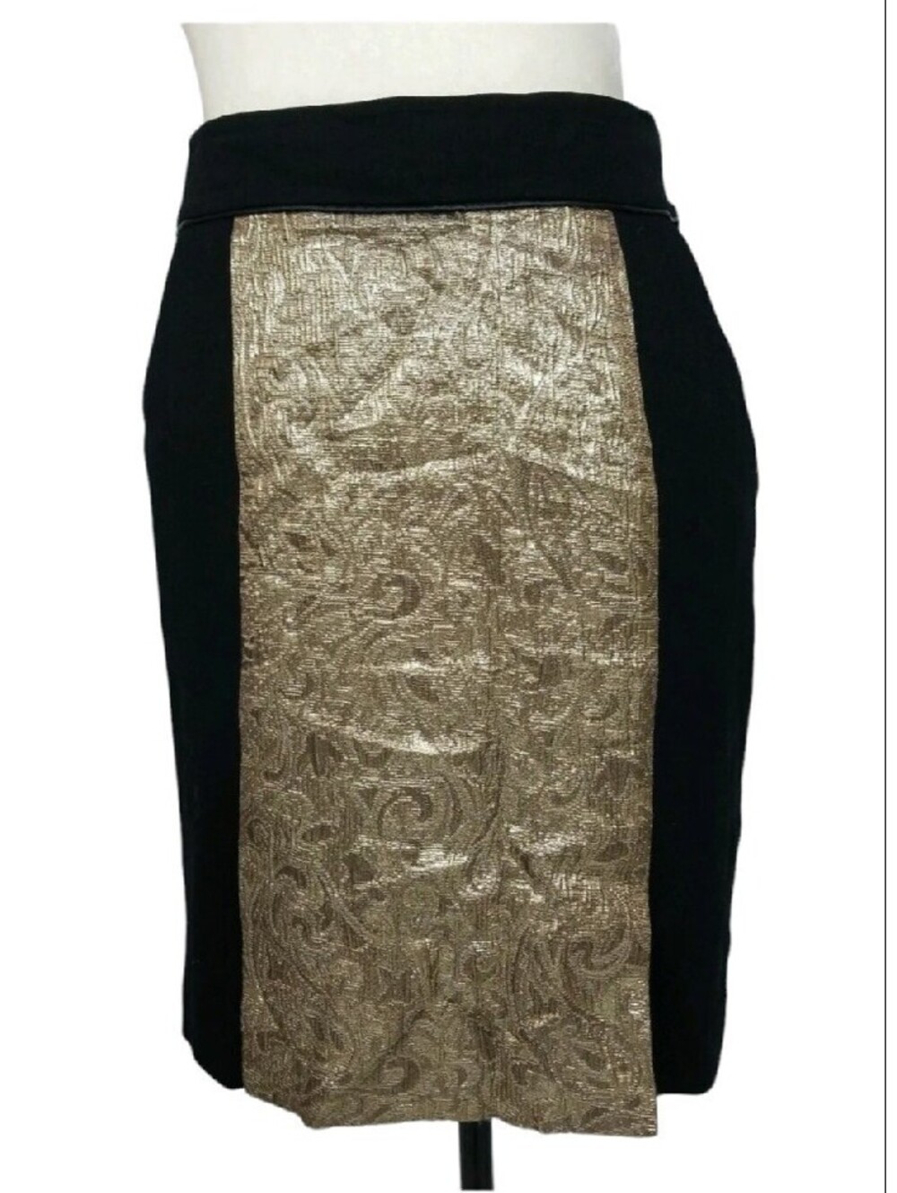 Magaschoni Black Gold Metallic Brocade Stretch Pencil Skirt Size 4